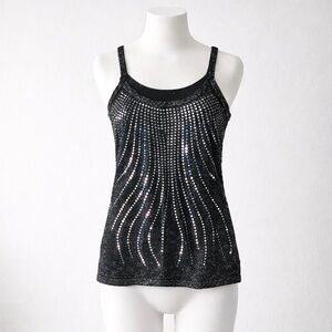 Black Sequin Knit Tank Top Stretch Small XS Y2K Clubwear Evening